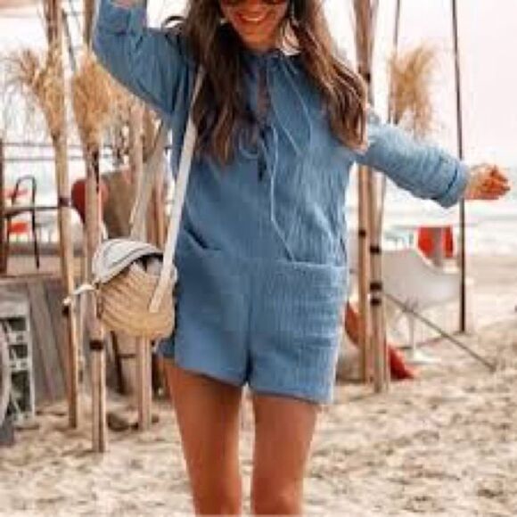 Zara Romper Bloggers Fav! Soft Indian Cotton Long Sleeve Blue Size Small - Picture 1 of 8